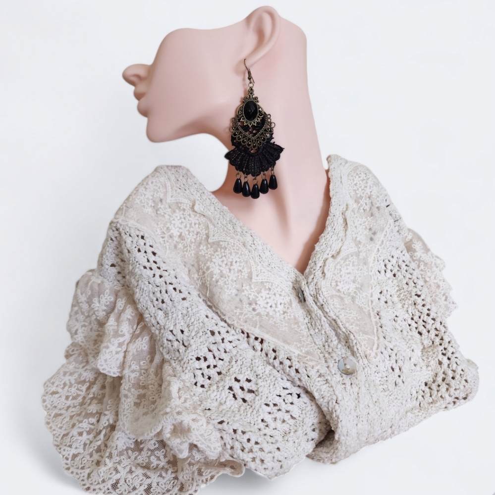 3/$25 Black Gothic Lace Chandelier Earrings Antique Bronze Boho Statement